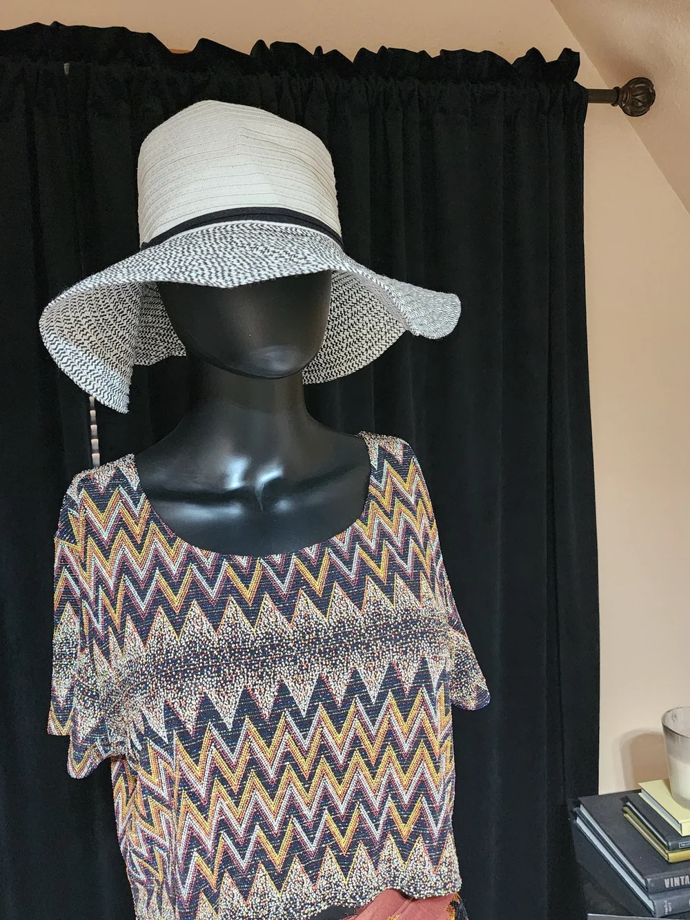 Wide Brim Black White Straw Sun Hat Equestrian Bit Detail Floppy Hat S/M
